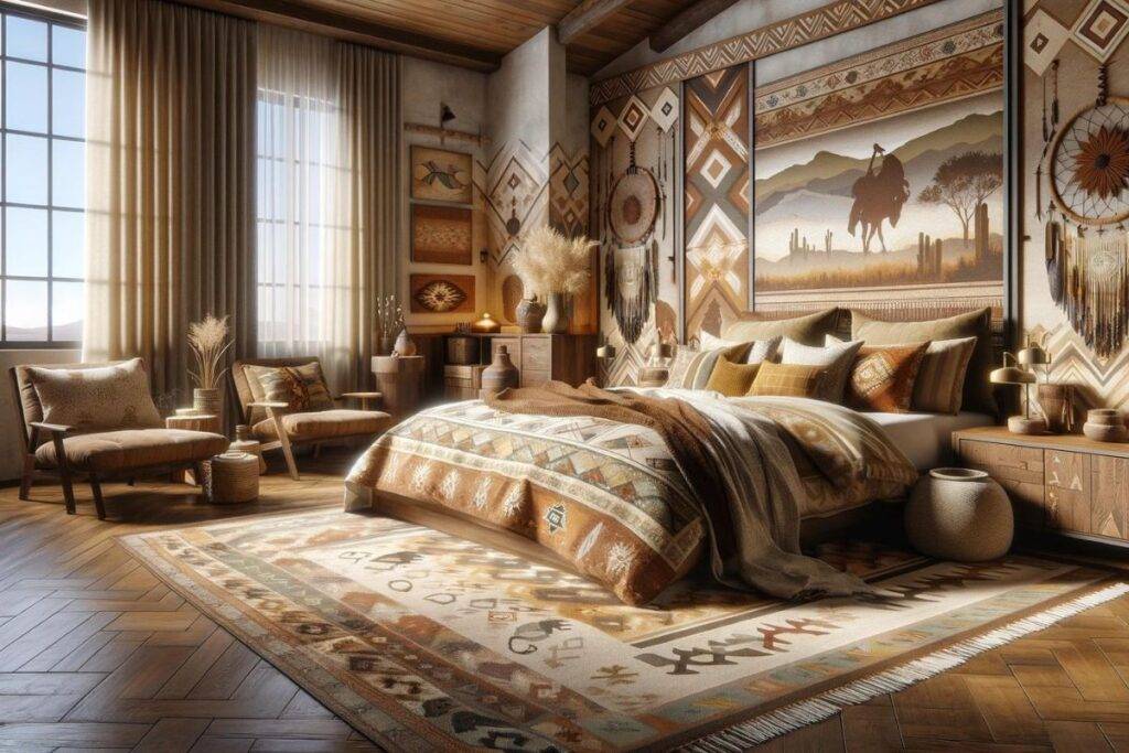 A vibrant and inviting bedroom entrance capturing the essence of blending modern Western design with Native American influences. The view focuses on