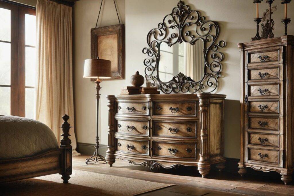 Vintage Dresser Paired with a Wrought Iron Mirror