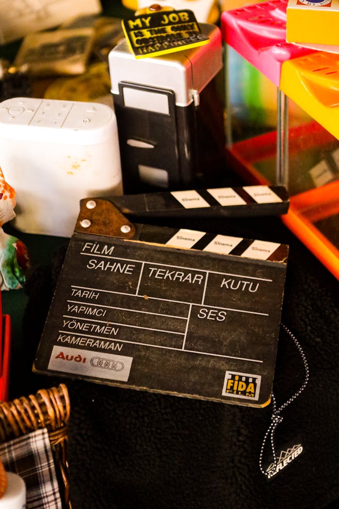 A detailed shot of a movie clapperboard surrounded by various colorful items on a film set.